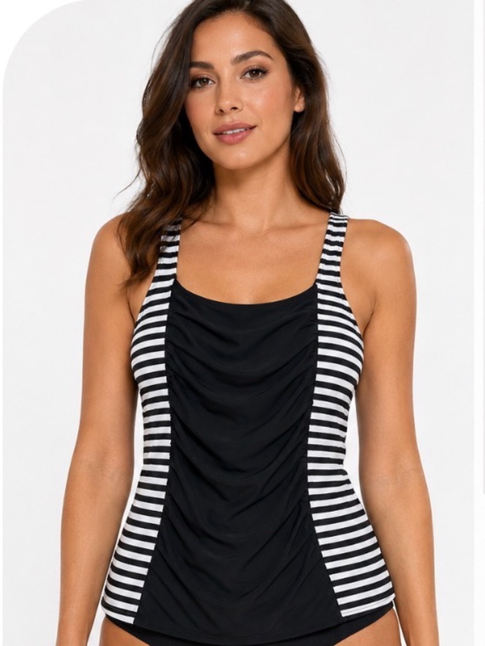 Black & White Striped Ruched Tankini Top